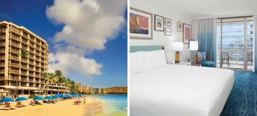 Exterior of Outrigger Reef Waikiki Beach Resort and beach (left) and bedroom (right)